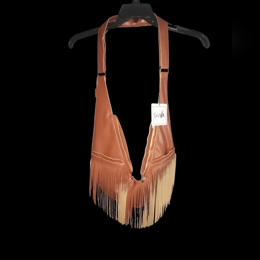 Brown Faux Leather SASH Fringe Crossbody Bag - Picture 4 of 11